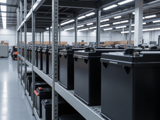 储能系统安装现场，大型电池组整齐排列，技术人员正在进行调试工作