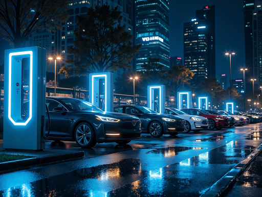 充电桩应用场景，多个充电桩整齐排列，电动汽车正在充电，绿色能源标识明显