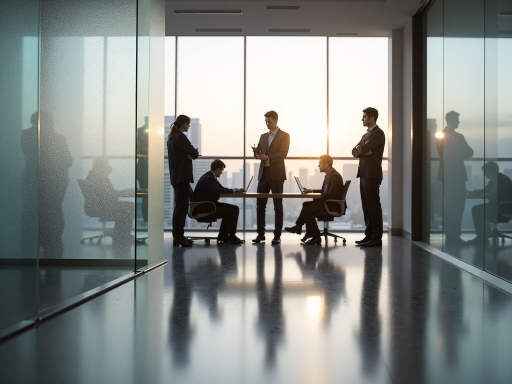 公司办公环境，现代化会议室，阳光透过落地窗洒入室内，员工正在讨论工作