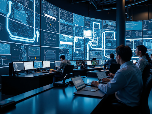 能源管理控制中心，大屏幕显示实时数据，工作人员正在监控系统运行状态