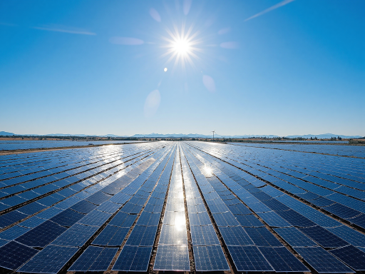 工厂屋顶太阳能板阵列，大型工业建筑顶部整齐排列的太阳能板，蓝天白云背景