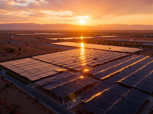 零碳工业园实景图，大型工业厂房屋顶铺设太阳能板，储能设备整齐排列，现代化工业设施