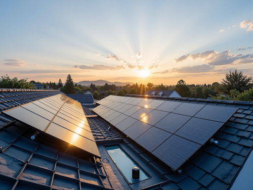 太阳能板安装现场，工人正在屋顶安装太阳能板，城市景观作为背景